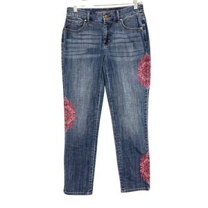 Chicos Jeans 00 Womens 2 Blue Ankle So Slimming Girlfriend Embroidered Medallion
